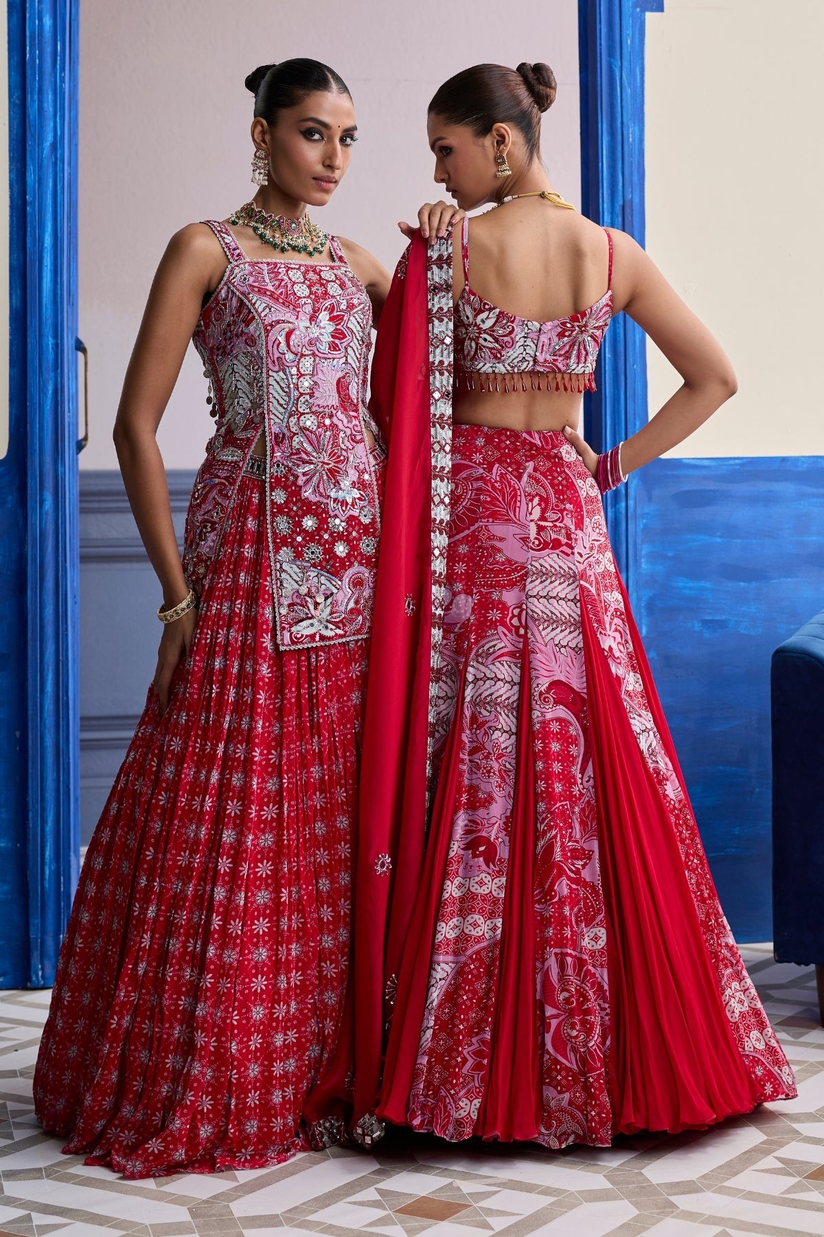 RED FLORAL BLOUSE WITH GODET SKIRT & EMBROIDERED DUPATTA SET