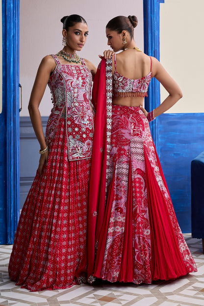 RED FLORAL BLOUSE WITH GODET SKIRT & EMBROIDERED DUPATTA SET