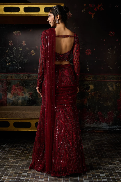 MAROON EMBELLISHED MERMAID SKIRT SAREE SET