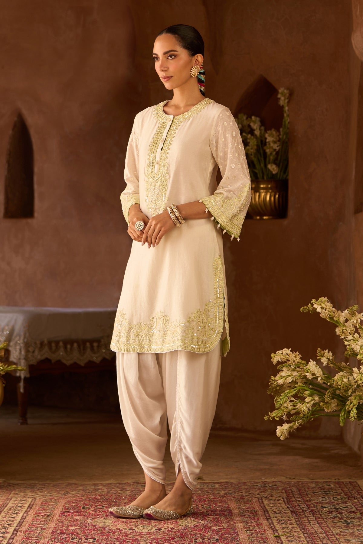 Ruhi - Daisy Ivory With Mint Green Short Kurta And Dhoti