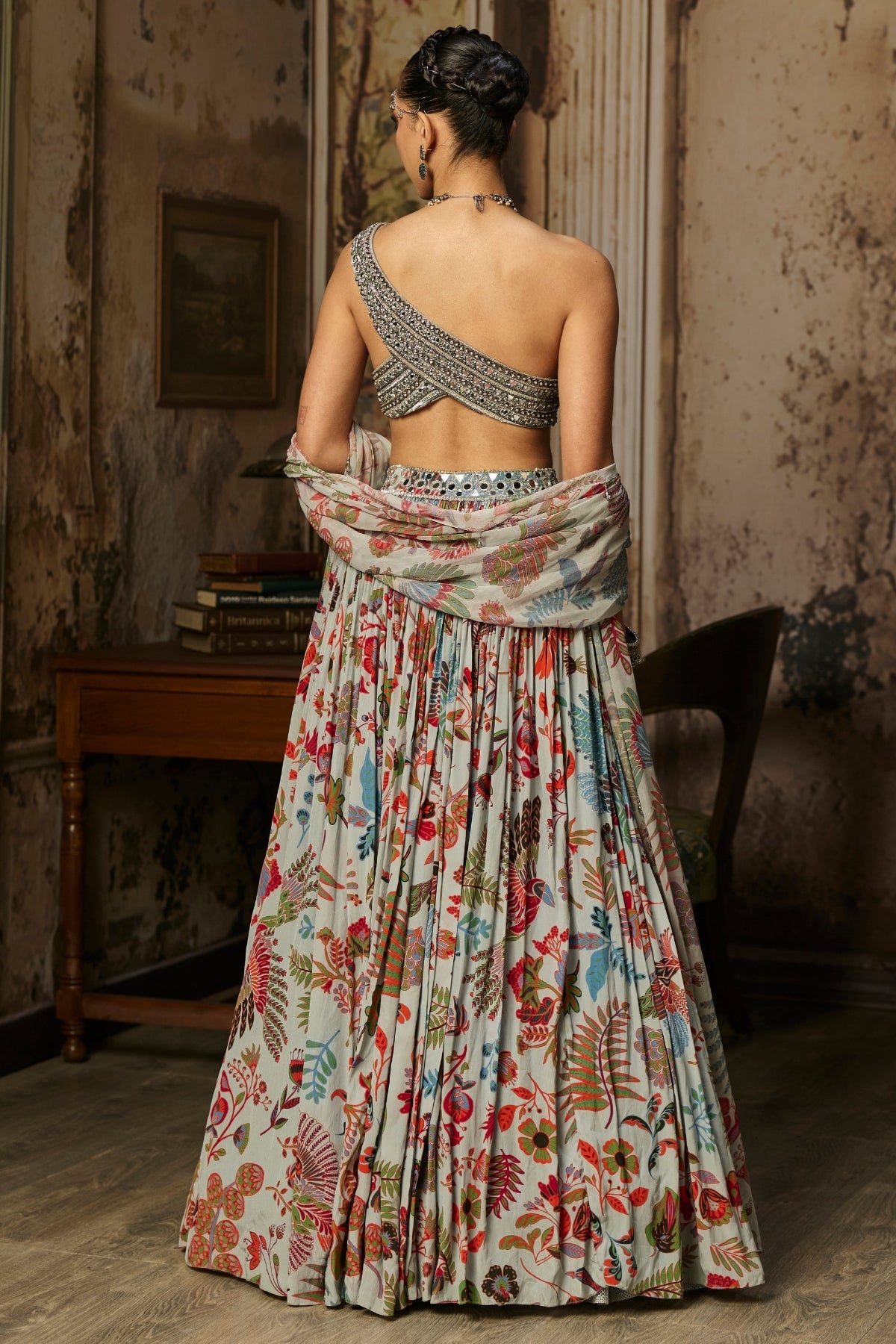 SLATE GREY EMBROIDERED BLOUSE WITH PRINTED LEHENGA SET