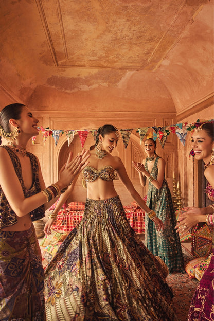 OLIVE PRINT BLOUSE WITH HIGHLIGHTED LEHENGA & EMBROIDERED DUPATTA SET
