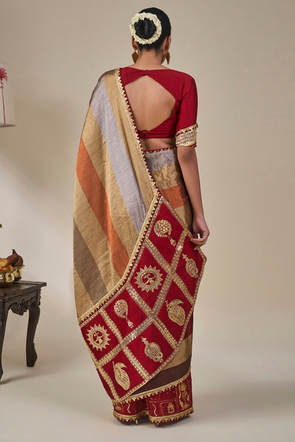 Red Tropical Stardust Saree