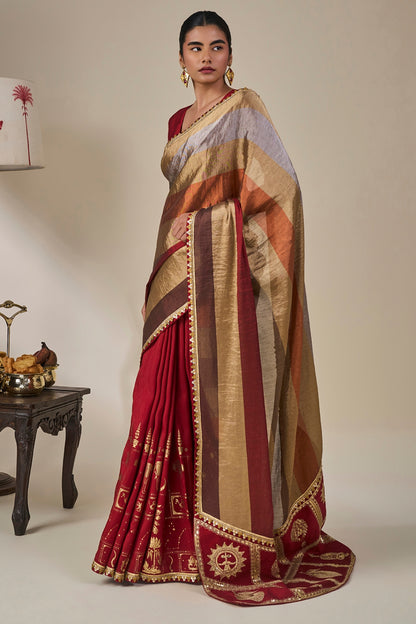 Red Tropical Stardust Saree