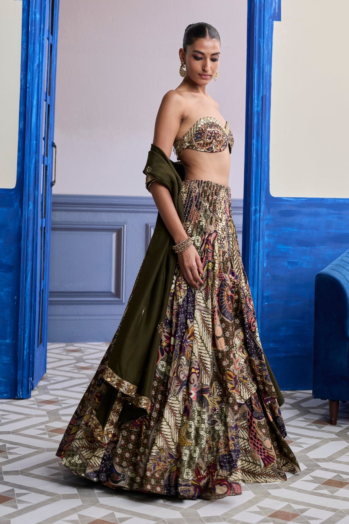 OLIVE PRINT BLOUSE WITH HIGHLIGHTED LEHENGA & EMBROIDERED DUPATTA SET