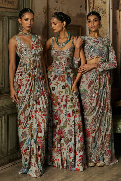 SLATE GREY PRINTED AND HIGHLIGHTED TIERED SKIRT SAREE SET