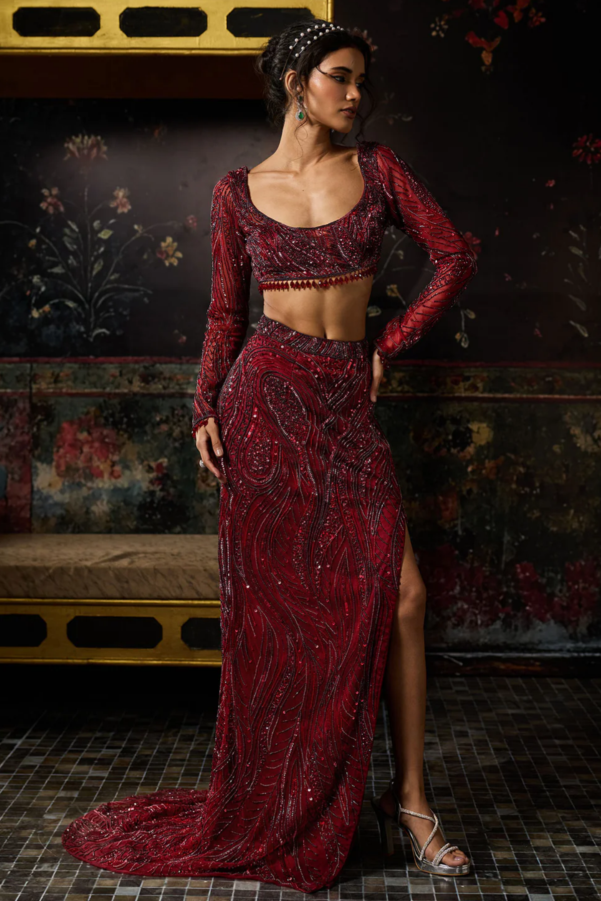 MAROON EMBELLISHED TRAIL SLIT SKIRT SET