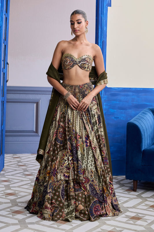 OLIVE PRINT BLOUSE WITH HIGHLIGHTED LEHENGA & EMBROIDERED DUPATTA SET
