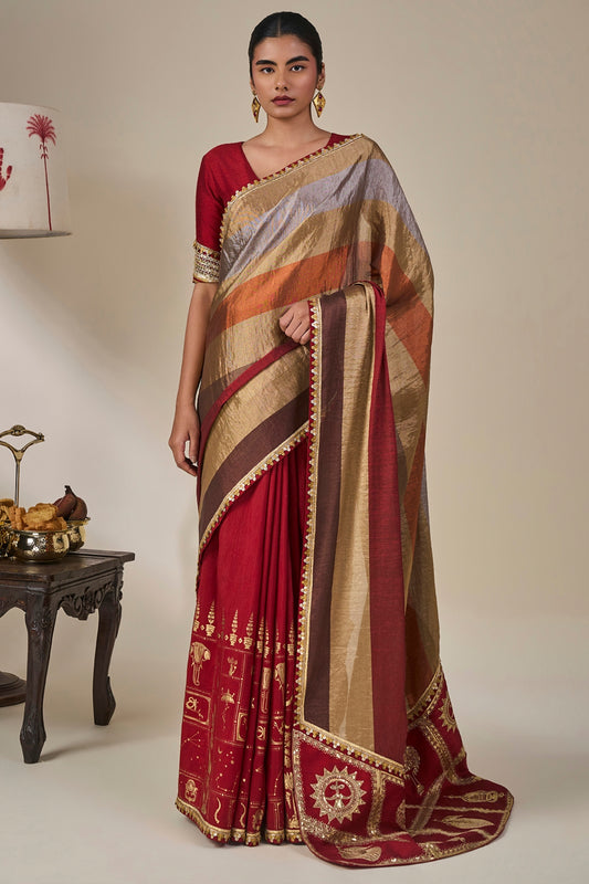 Red Tropical Stardust Saree
