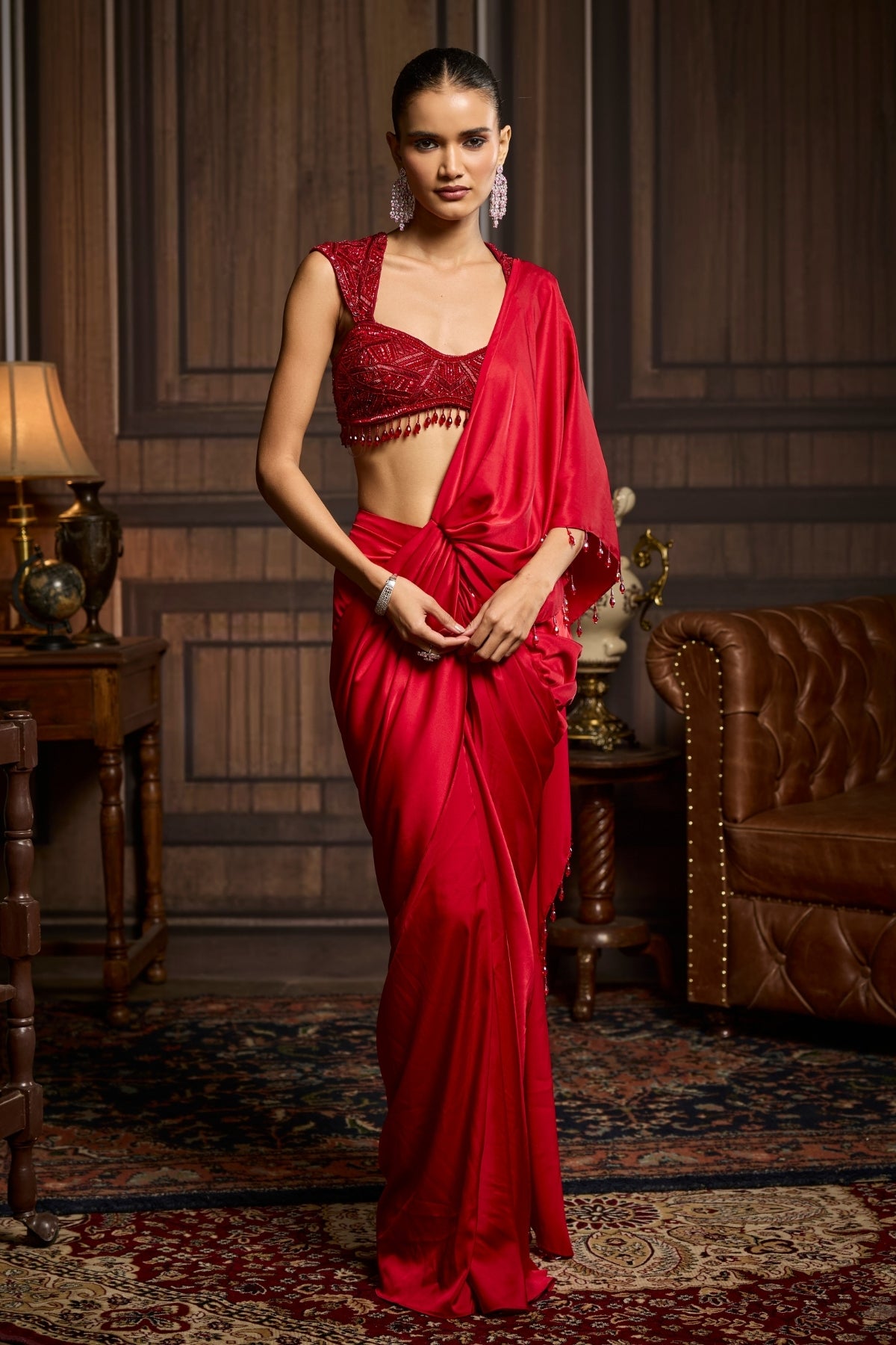 RED EMBELLISHED BLOUSE AND PRE-DRAPED DHOTI SAREE SET