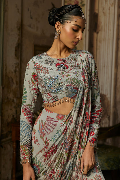 SLATE GREY PRINTED AND HIGHLIGHTED TIERED SKIRT SAREE SET