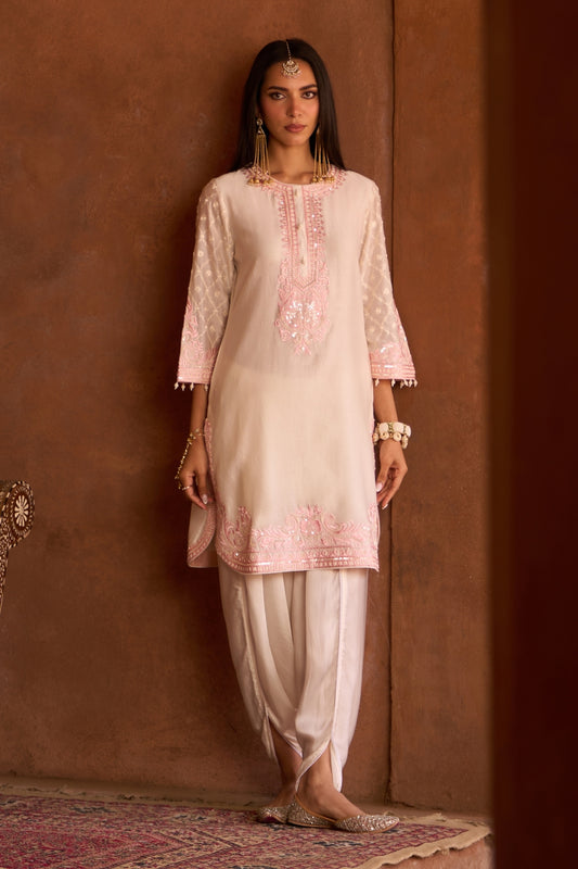 Ruhi - Daisy Ivory With Pink Short Kurta And Dhoti
