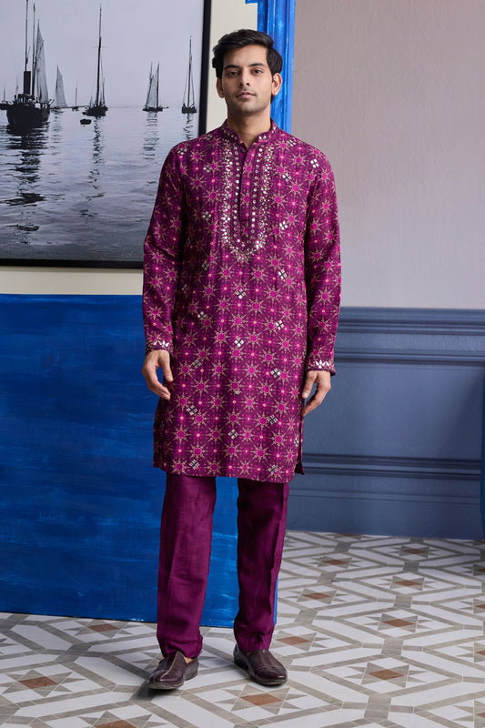 PLUM BUTTA PRINT HIGHLIGHTED KURTA WITH SOLID PANTS
