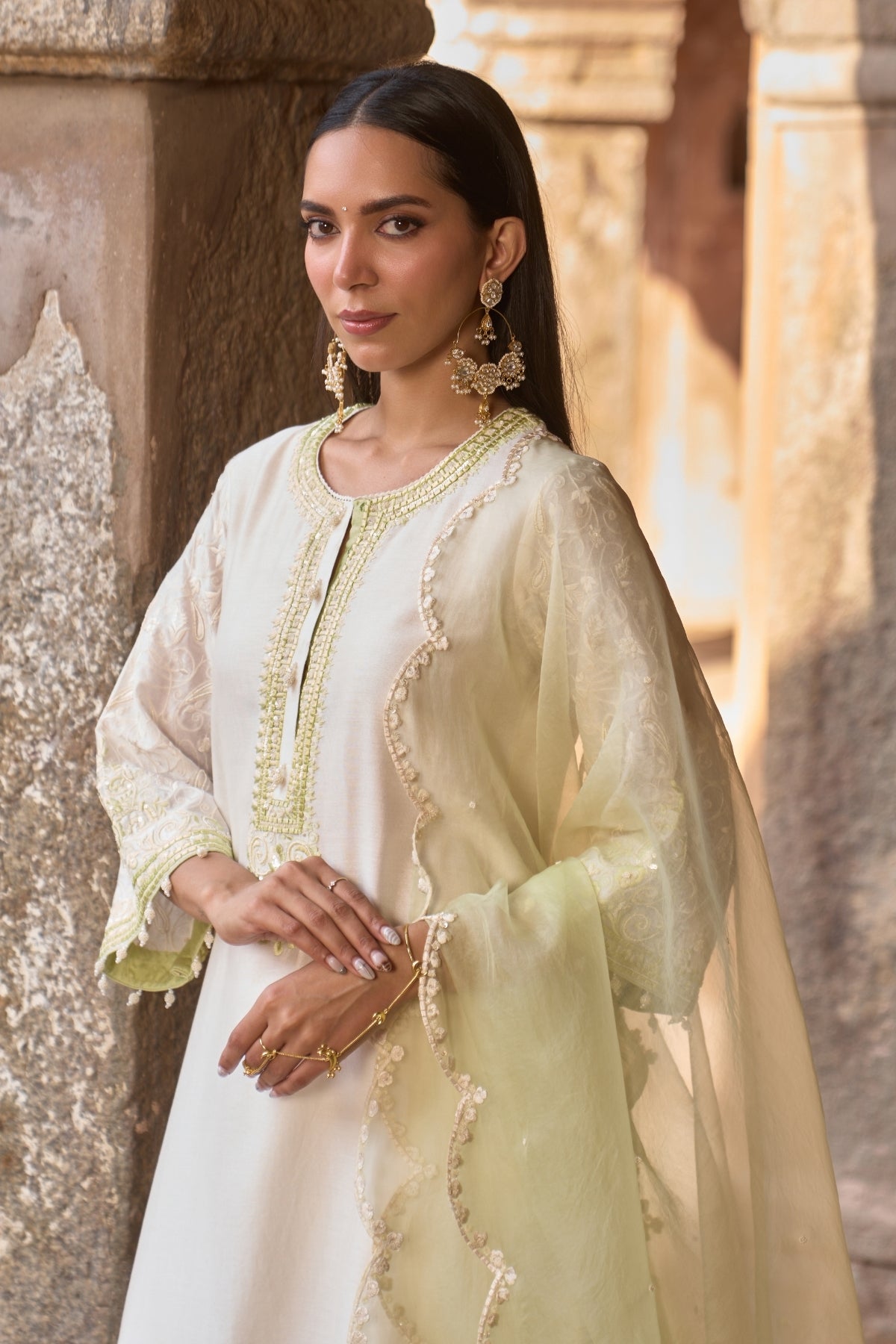 Anam - Daisy Ivory With Mint Green A-line Kurta With Salwar And Dupatta