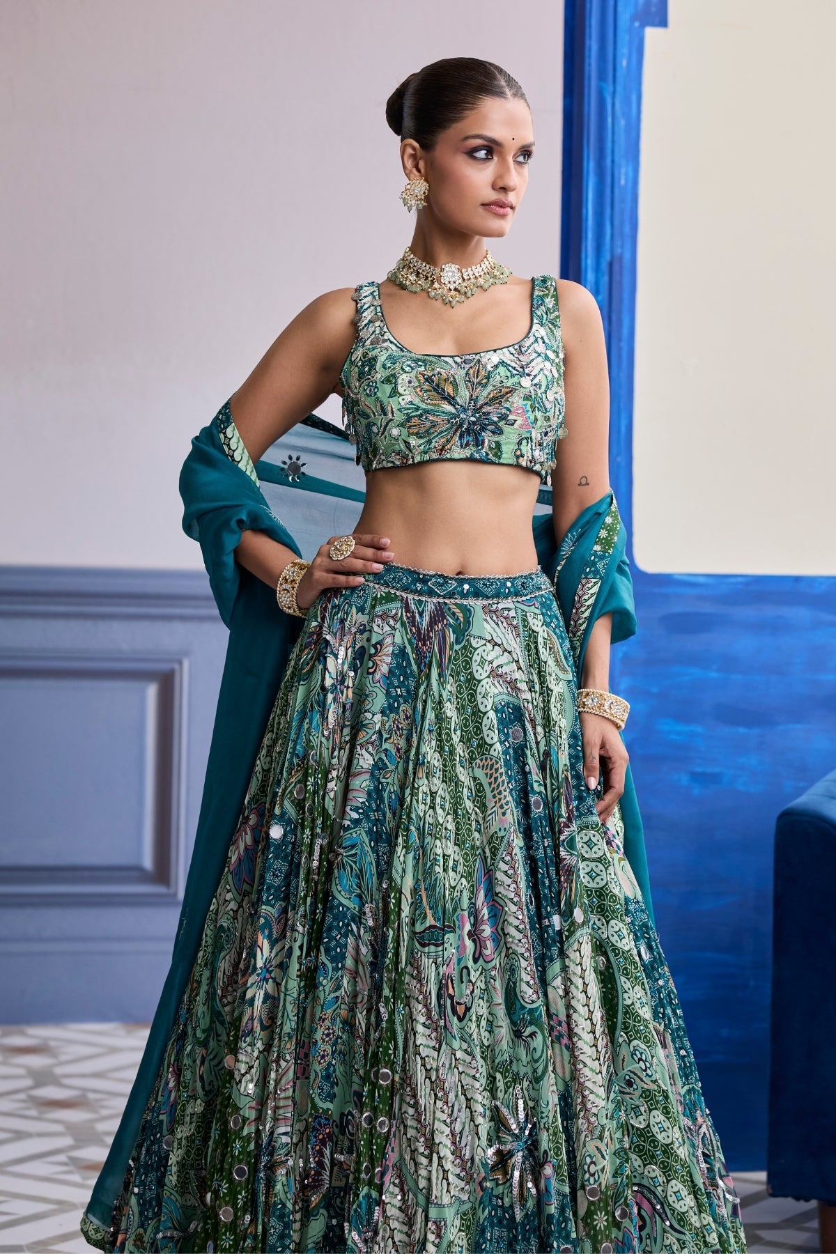 GREEN FLORAL BLOUSE WITH HIGHLIGHTED LEHENGA & EMBROIDERED DUPATTA SET