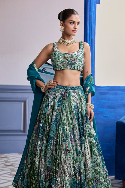 GREEN FLORAL BLOUSE WITH HIGHLIGHTED LEHENGA & EMBROIDERED DUPATTA SET