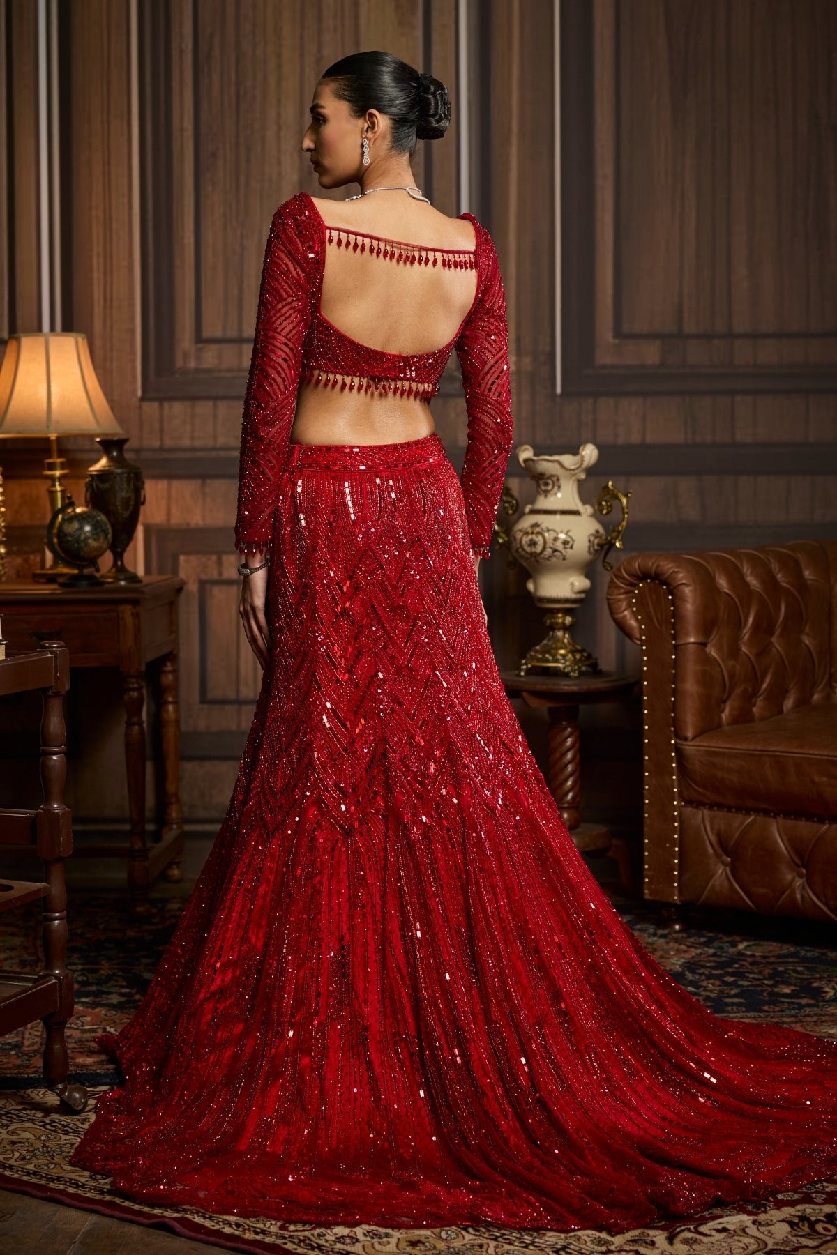VERMELLION RED EMBROIDERED MERMAID SKIRT SAREE SET