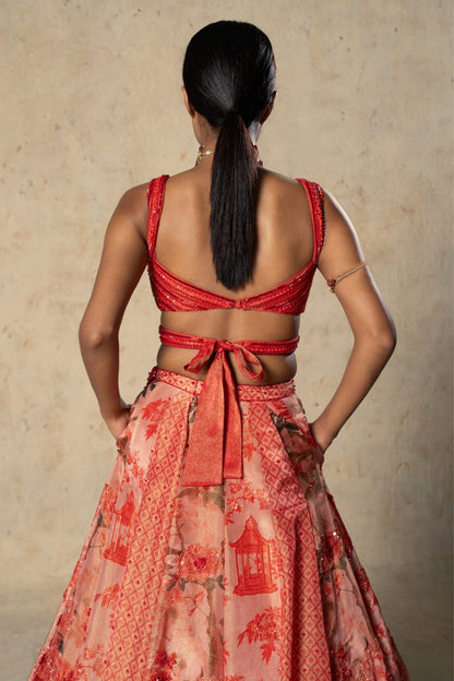 Printed red tissue Lehenga Set