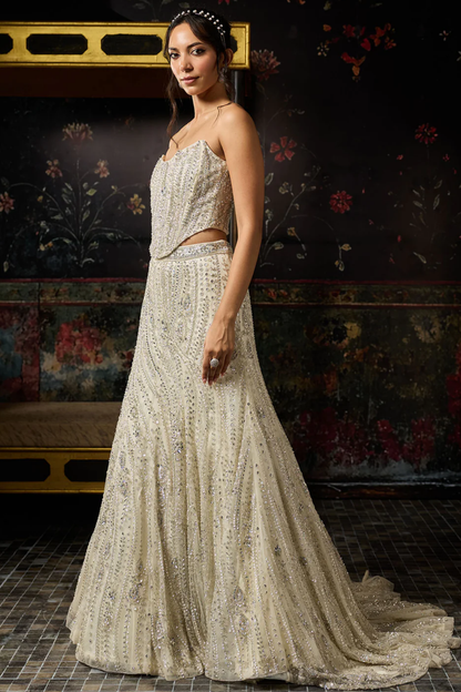 SILVER FULLY EMBELLISHED MERMAID LEHENGA TRAIL SET