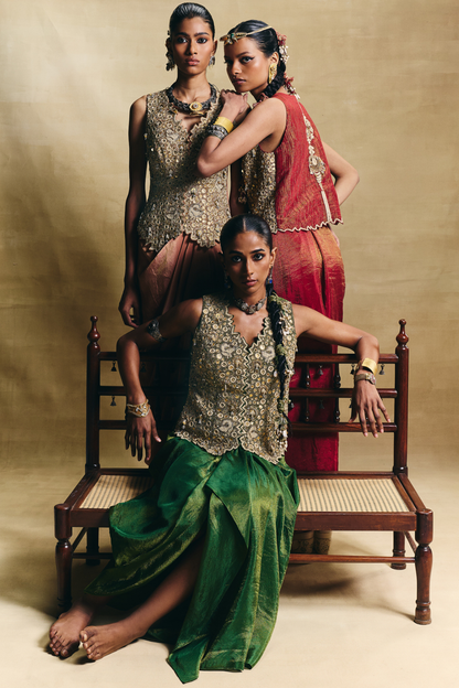 Green waistcoat & draped skirt