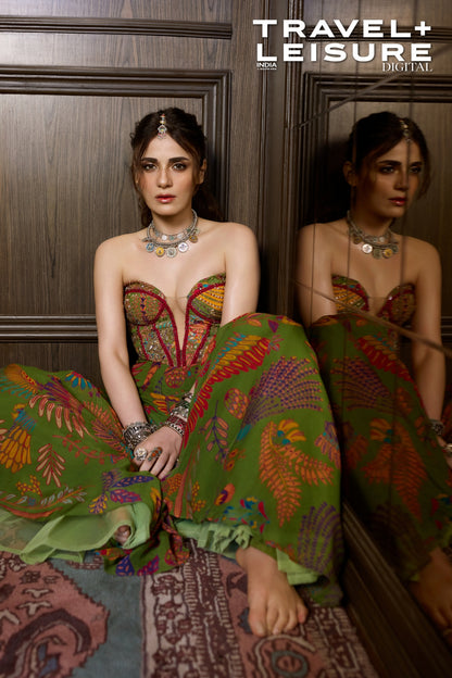 RADHIKA MADAN IN PEAR GREEN PRINTED HIGHLIGHTED BELL BOTTOM PANTS SET (Copy)