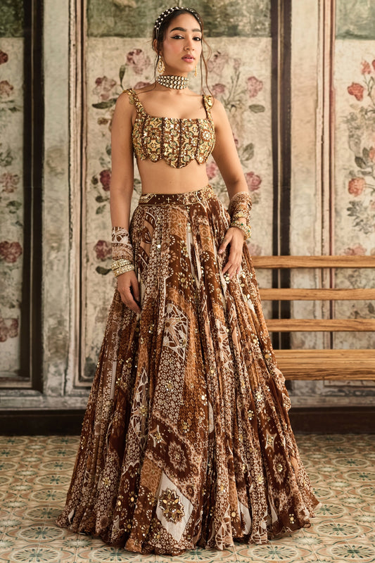 CARAMEL PRINT AND HIGHLIGHTED SCALLOP BLOUSE LEHENGA  SET