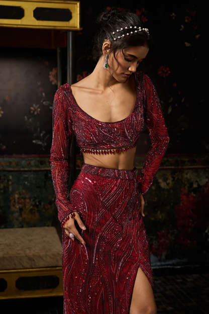 MAROON EMBELLISHED TRAIL SLIT SKIRT SET