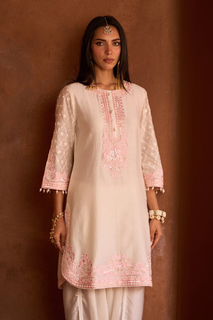 Ruhi - Daisy Ivory With Pink Short Kurta And Dhoti