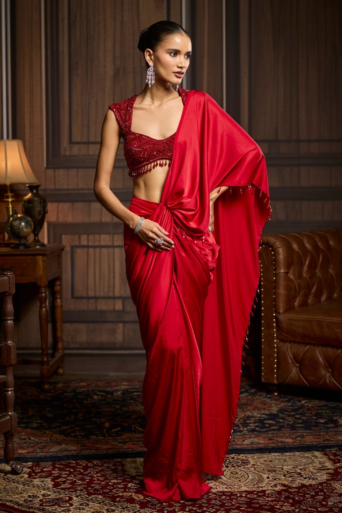 RED EMBELLISHED BLOUSE AND PRE-DRAPED DHOTI SAREE SET
