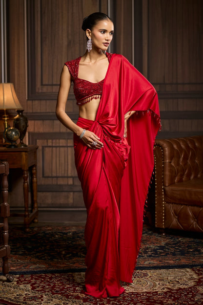 RED EMBELLISHED BLOUSE AND PRE-DRAPED DHOTI SAREE SET