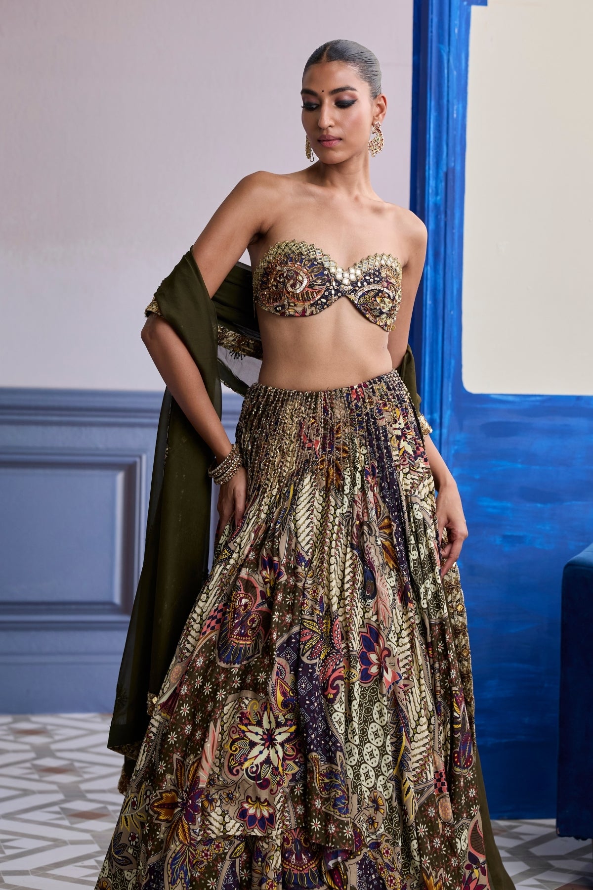 OLIVE PRINT BLOUSE WITH HIGHLIGHTED LEHENGA & EMBROIDERED DUPATTA SET