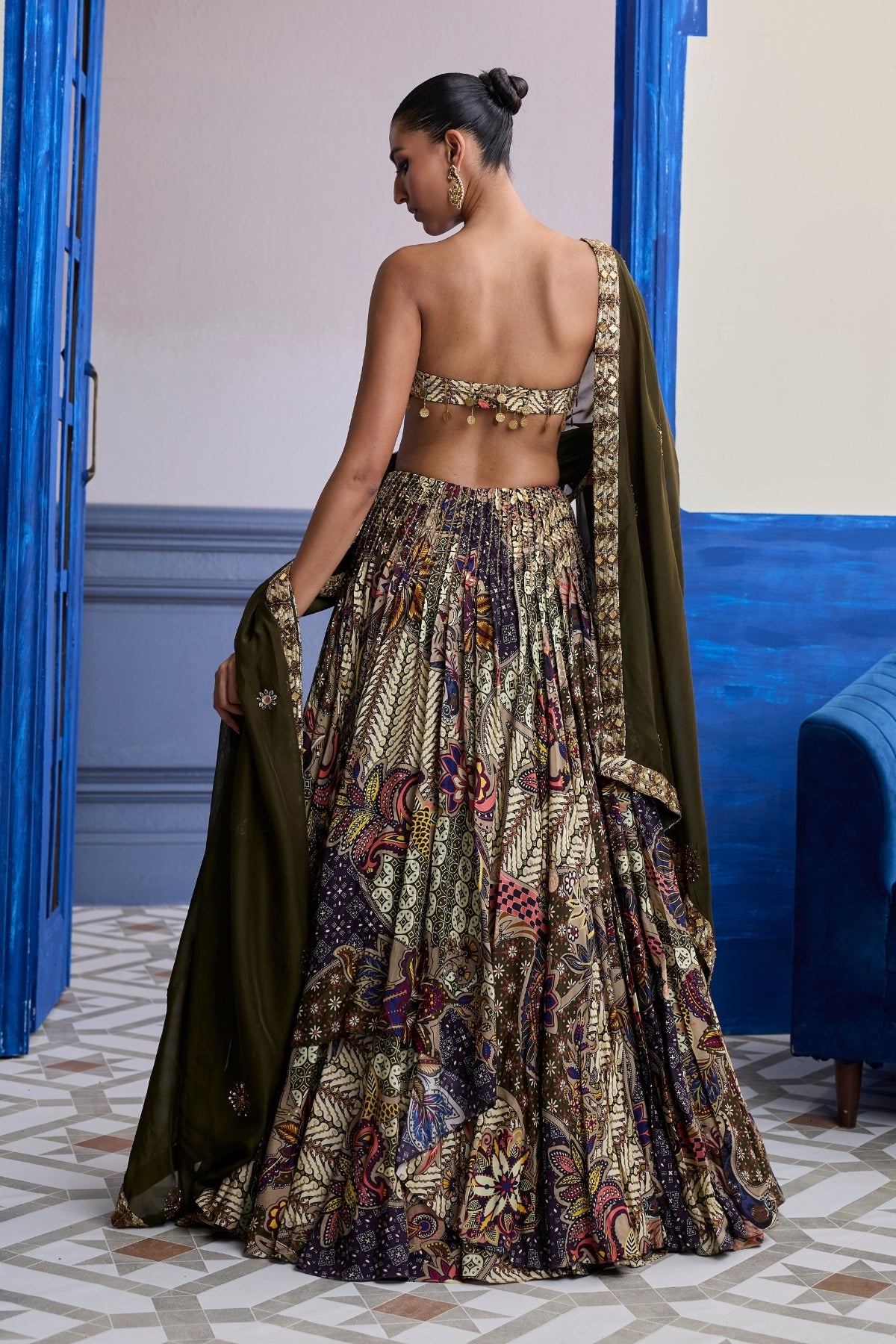 OLIVE PRINT BLOUSE WITH HIGHLIGHTED LEHENGA & EMBROIDERED DUPATTA SET