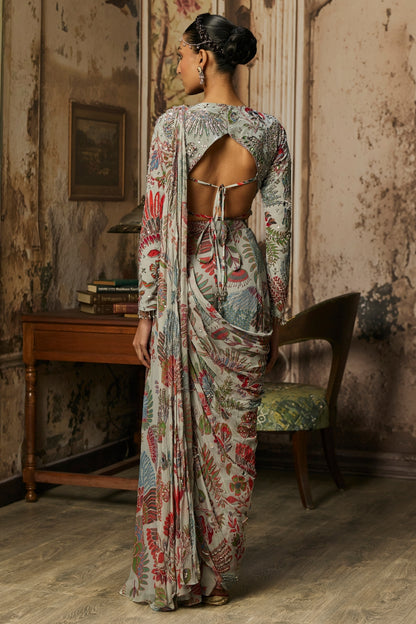 SLATE GREY PRINTED AND HIGHLIGHTED TIERED SKIRT SAREE SET