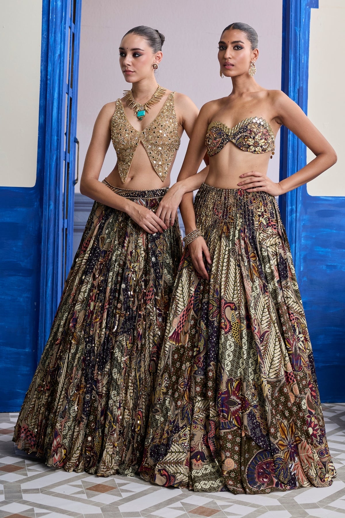 OLIVE PRINT BLOUSE WITH HIGHLIGHTED LEHENGA & EMBROIDERED DUPATTA SET