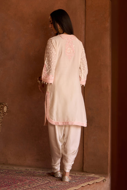 Ruhi - Daisy Ivory With Pink Short Kurta And Dhoti