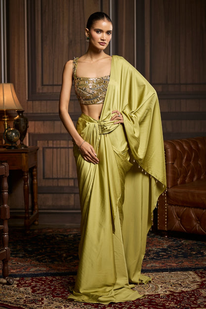 PEAR GREEN EMBROIDERED BLOUSE AND PRE DRAPED SAREE SET