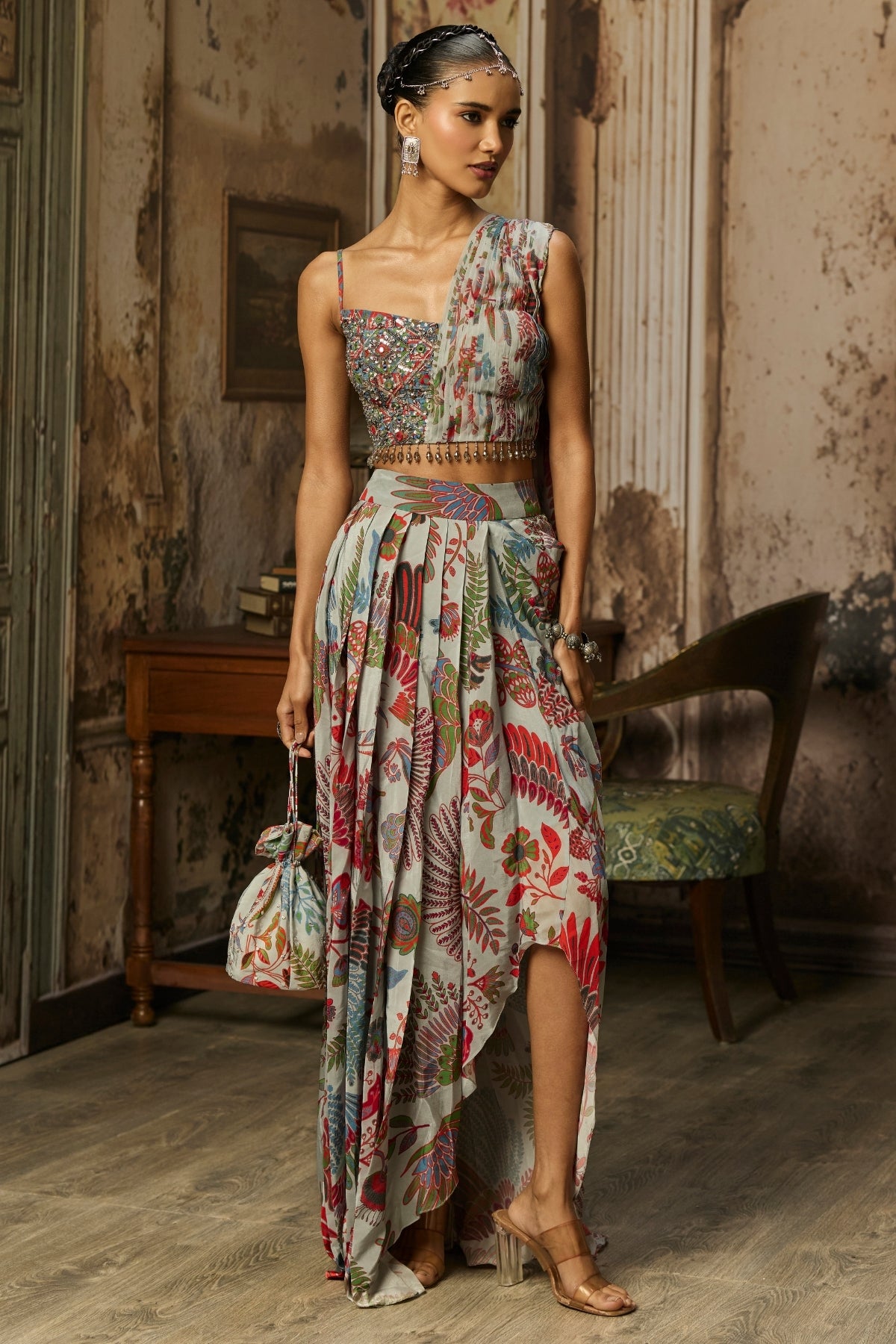 SLATE GREY PRINTED DRAPE ASYMMETRIC CROP TOP AND SKIRT SET