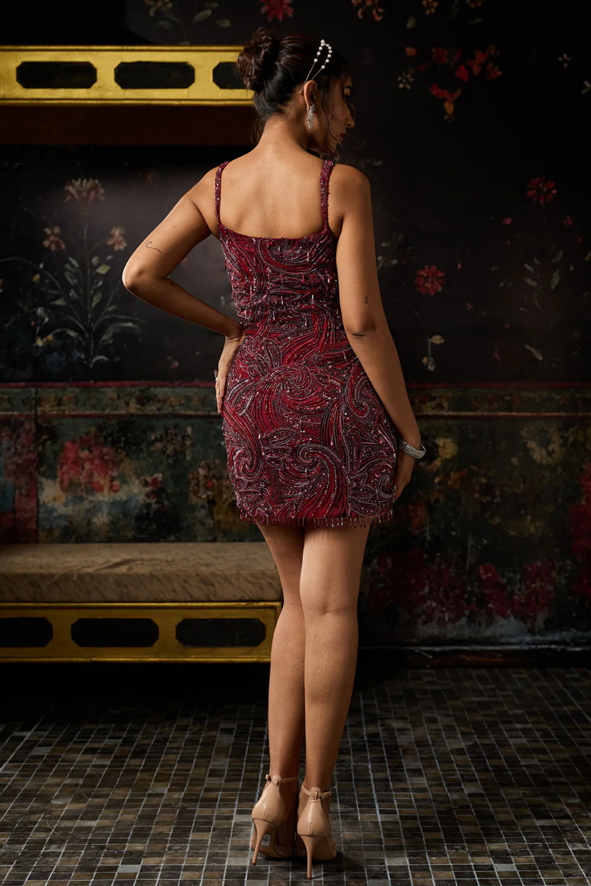 MAROON  EMBELLISHED  MINI DRESS