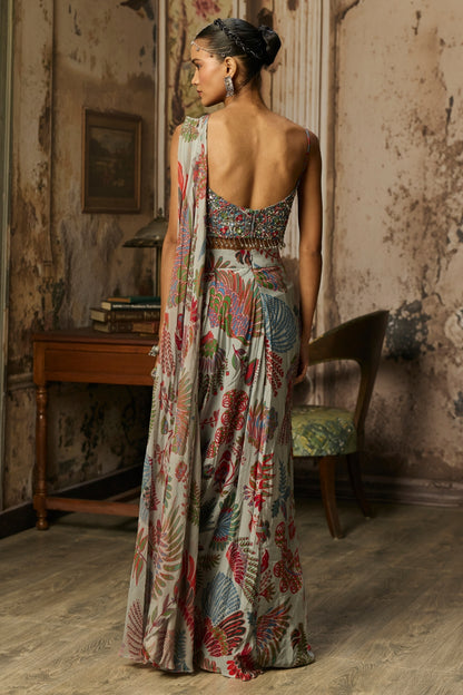 SLATE GREY PRINTED DRAPE ASYMMETRIC CROP TOP AND SKIRT SET