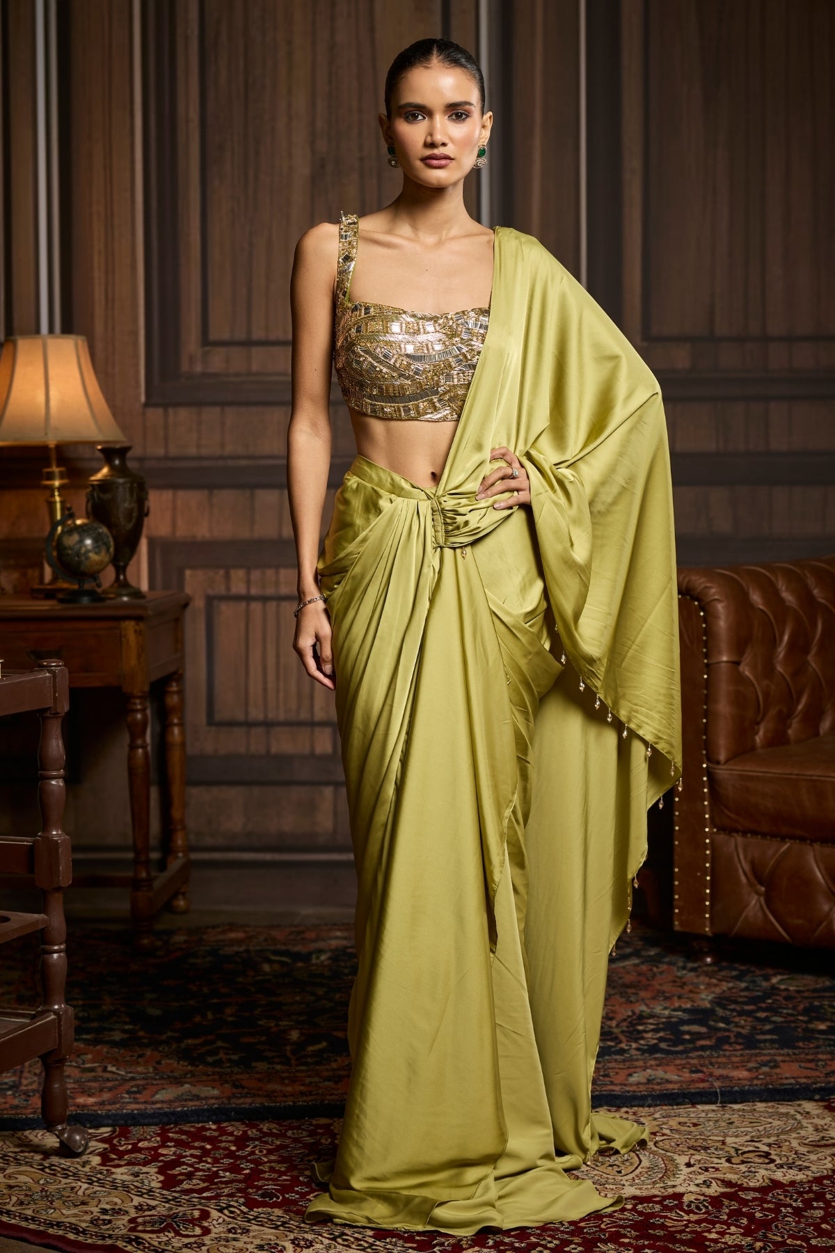 PEAR GREEN EMBROIDERED BLOUSE AND PRE DRAPED SAREE SET