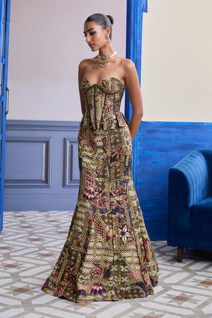 OLIVE PRINT CORSET WITH HIGHLIGHTED MERMAID SKIRT SET