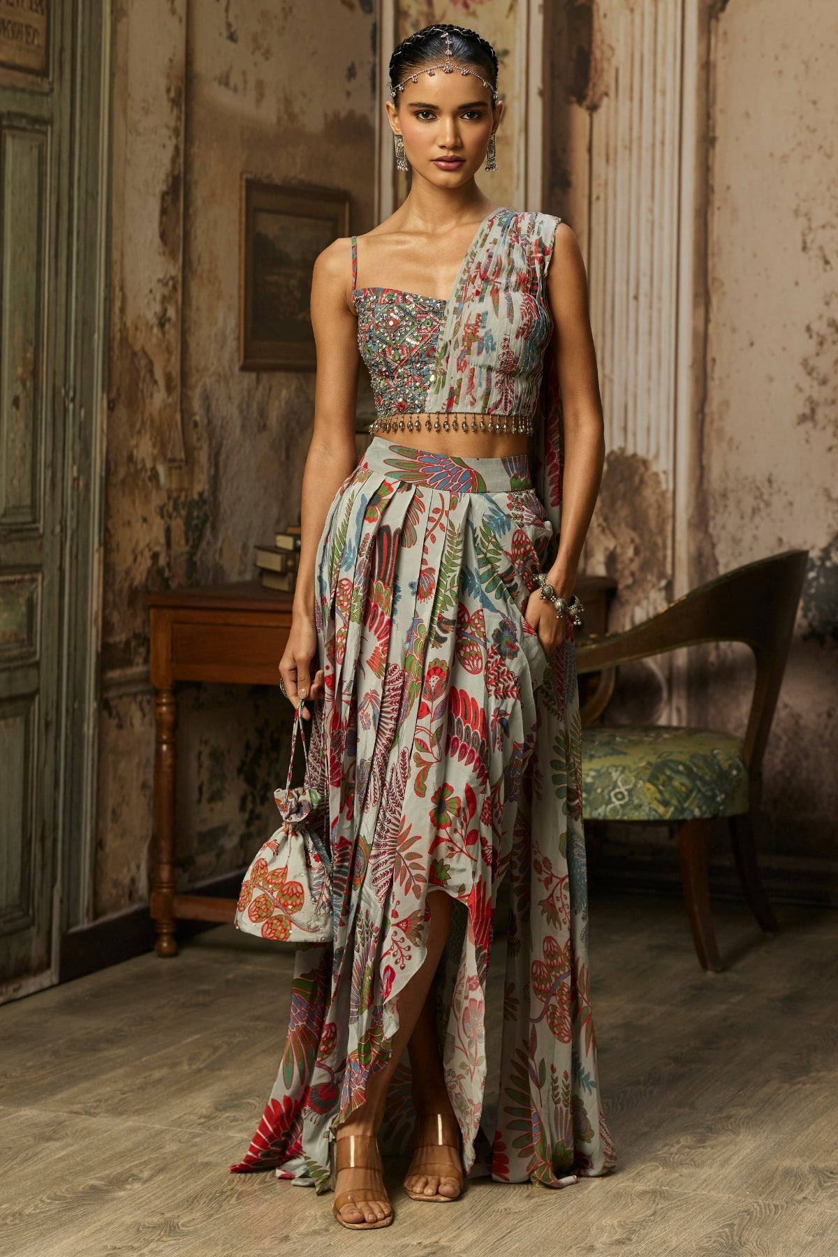 SLATE GREY PRINTED DRAPE ASYMMETRIC CROP TOP AND SKIRT SET