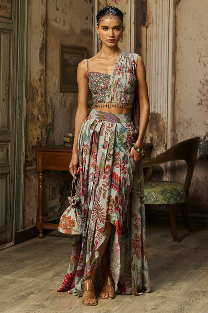 SLATE GREY PRINTED DRAPE ASYMMETRIC CROP TOP AND SKIRT SET