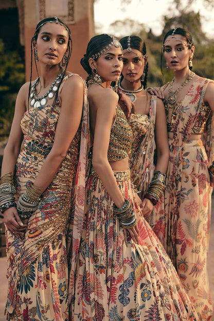 BEIGE PRINTED AND HIGHLIGTED DRAPE GOWN SAREE