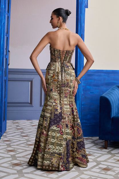 OLIVE PRINT CORSET WITH HIGHLIGHTED MERMAID SKIRT SET