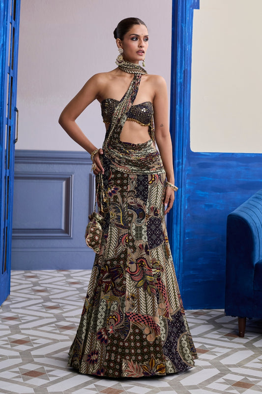 PURPLE EMBROIDERED BLOUSE WITH OLIVE FLORAL FISH CUT SAREE SET