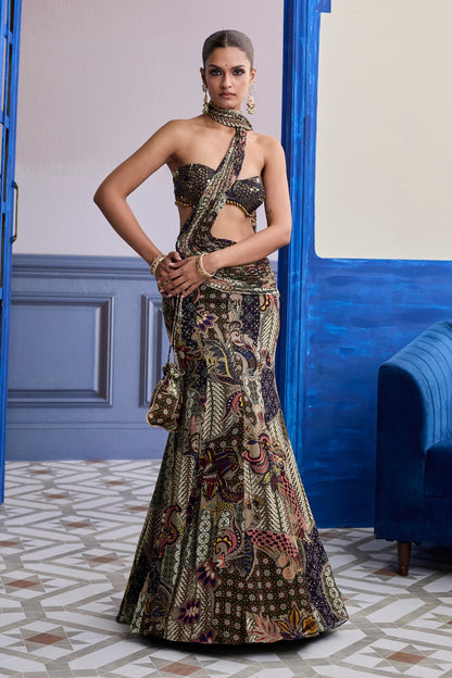 PURPLE EMBROIDERED BLOUSE WITH OLIVE FLORAL FISH CUT SAREE SET