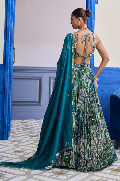 GREEN FLORAL BLOUSE WITH HIGHLIGHTED LEHENGA & EMBROIDERED DUPATTA SET