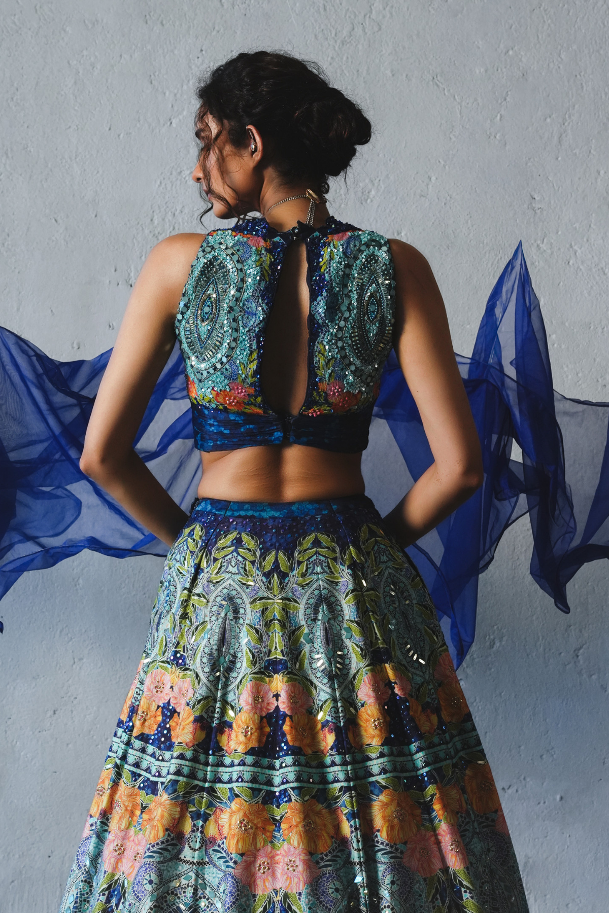Blue Chiffon Handwork Lehenga Set