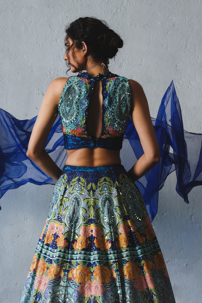 Blue Chiffon Handwork Lehenga Set